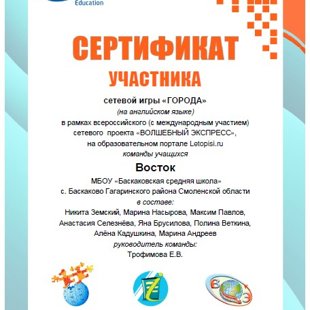  Сертификат участников сетевого проекта "ВОЛШЕБНЫЙ ЭКСПРЕСС"